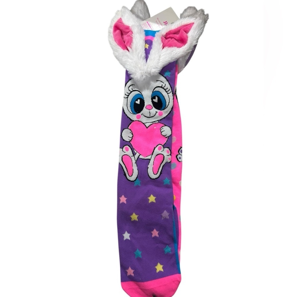 Jioiwa Sock Wonderland 3D Funny Bunny Knee-High Socks Pink Hearts & Plush Ears